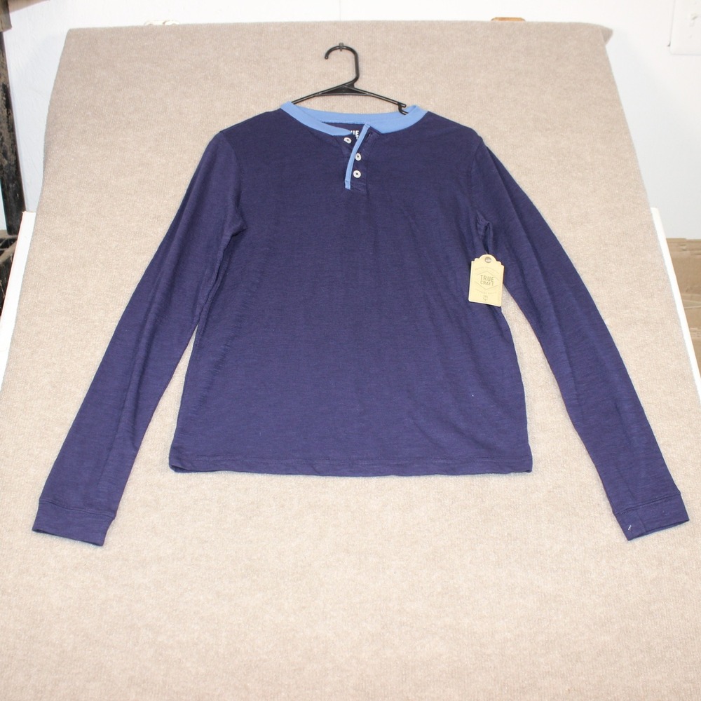 True Craft Boys Navy Blue Slub Knit Long Sleeve Henley Shirt Size L NWT